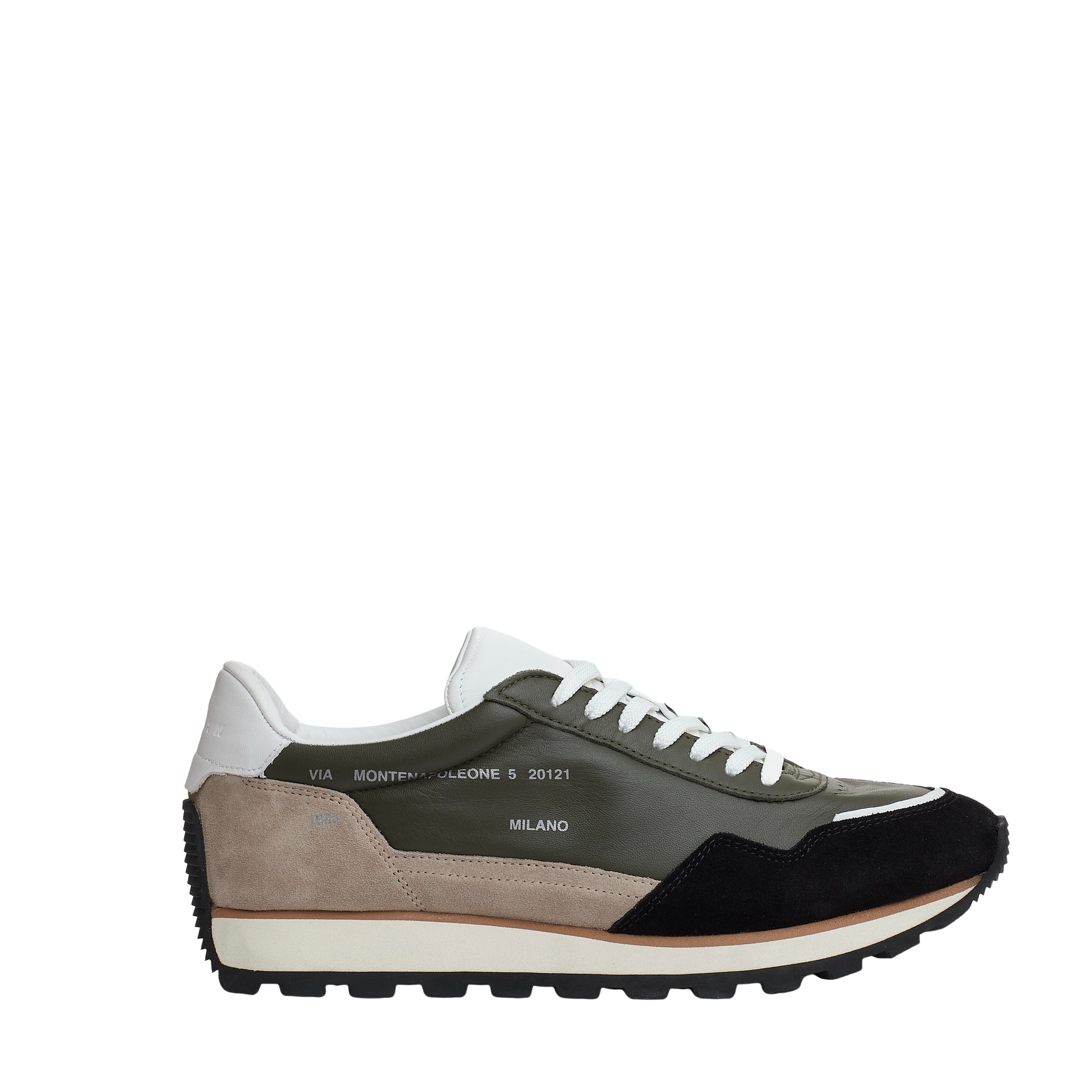 Sorelle Perego running 86er pelle verde camoscio beige e nero